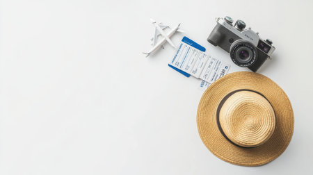 A flat lay image showcasing travel essentials including a camera, boarding pass, airplane model, and straw hat, perfect for wanderlust enthusiasts planning their next adventure.の素材