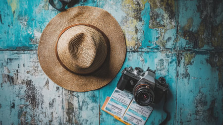 A vintage camera, stylish travel hat, and an open journal sit on a rustic blue wooden surface, inspiring thoughts of adventure and exploration in travel enthusiasts.の素材