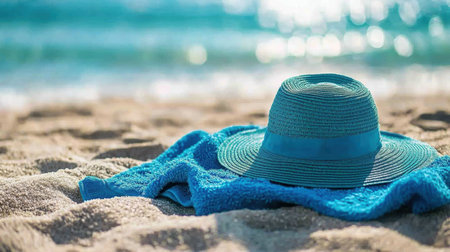 A tranquil beach scene featuring a blue sun hat resting on a towel, capturing the essence of summer relaxation by the gentle ocean waves and warm sand.の素材