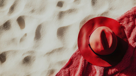 A striking red hat rests on a soft beach towel, surrounded by golden sand, capturing the essence of summertime relaxation and travel. Perfect for vacation vibes.の素材