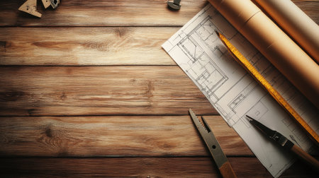 A wooden surface features architectural blueprints alongside drafting tools, ideal for showcasing the creative process in construction and design projects.の素材