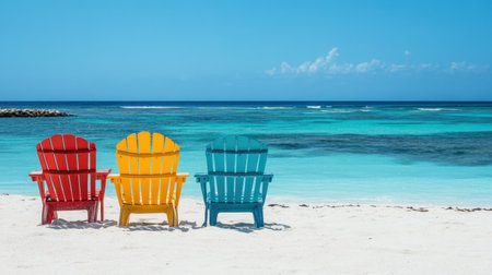 A vibrant scene featuring red, yellow, and turquoise Adirondack chairs on a white sandy beach, capturing the essence of summer relaxation by the ocean. Perfect for vacation inspiration.の素材