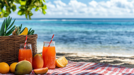 Indulge in a tropical getaway with refreshing drinks and vibrant fruits on a serene beach blanket, surrounded by the calming ocean and bright skies.の素材