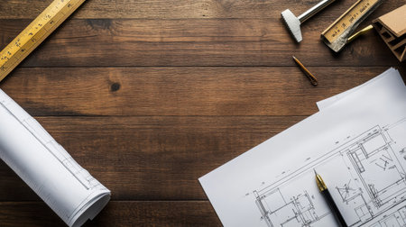 Close-up view of architectural blueprints and drafting tools on a wooden table, showcasing a workspace ready for construction and design projects, highlighting creativity and precision.の素材