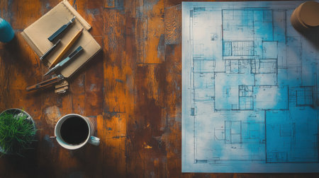 A flat lay of an architectural blueprint on a rustic wooden table, accompanied by creative tools and a steaming mug of coffee, perfect for design and planning inspiration.の素材
