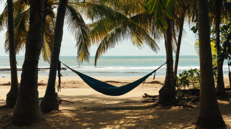 A serene beach setting featuring a hammock gently swaying between palm trees, perfect for relaxation and enjoying the sound of ocean waves under the bright sun.の素材