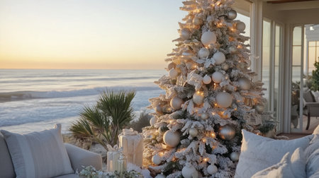 Embrace the beauty of a coastal Christmas with this stunning scene featuring a white decorated tree by the beach, capturing the essence of holiday cheer against a sunset backdrop.の素材