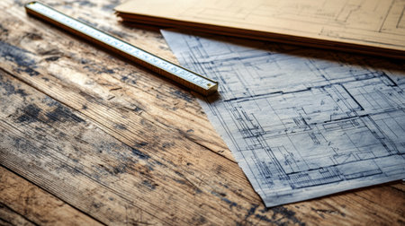 A close-up view of blueprints and a ruler on a rustic wooden table, showcasing architectural designs and measurements ideal for construction and design enthusiasts.の素材