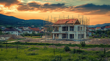 A stunning view of a two-story house under construction, featuring scaffolding and surrounded by lush fields, residential neighborhoods, and picturesque mountains at sunset.の素材