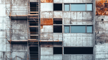 A close-up view of a construction site showcasing unfinished concrete walls, frames for windows, and scaffolding, emphasizing urban development and modern architectural trends.の素材