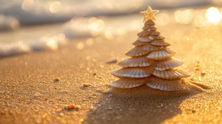 A whimsical Christmas tree crafted from seashells sits on sandy beach, illuminated by a golden sunset. Captures the essence of tropical holidays and coastal charm.の素材