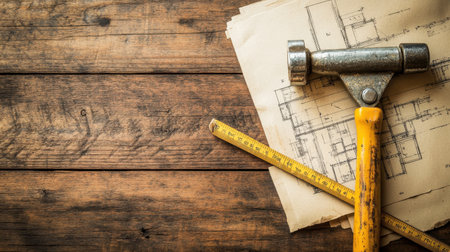 This image showcases construction tools, including a hammer and ruler, arranged on architectural plans against a rustic wooden surface, ideal for renovation projects.の素材