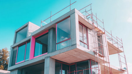 A partially constructed contemporary building featuring large glass windows and scaffolding, set against a vibrant blue sky in an urban environment, highlighting modern architectural elements.の素材