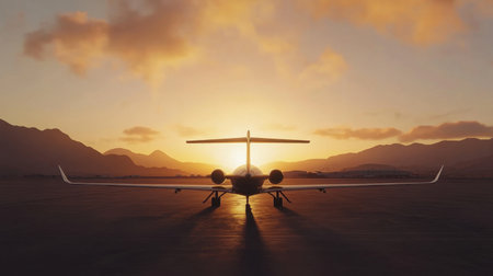 A breathtaking view of a private jet silhouetted against a vibrant sunrise, showcasing the beauty of travel and adventure amidst scenic mountain landscapes.の素材