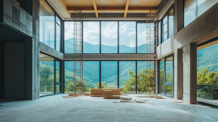 A striking modern space under construction, showcasing expansive windows that frame breathtaking mountain scenery, perfect for design inspiration and tranquility.の素材
