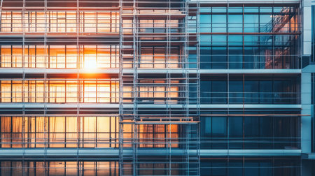 Captivating modern architecture with a stunning sunset illuminating the glass facade, showcasing a dynamic interplay of light and design in an urban setting.の素材