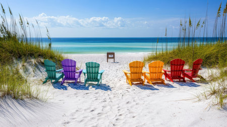 Colorful Adirondack chairs line a sandy beach, facing a tranquil ocean under a clear blue sky, creating a perfect scene for relaxation and enjoyment.の素材