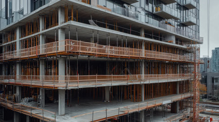 This image depicts a modern construction site focused on the framework of a multi-story building, showcasing urban development with scaffolding and safety measures in place.の素材