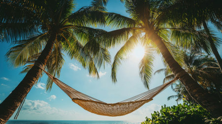 Enjoy a relaxing hammock suspended between palm trees under the warm sunlight, overlooking the calm ocean waves in this idyllic tropical paradise, perfect for unwinding.の素材
