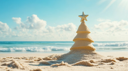 A whimsical sandy Christmas tree stands on a beach, topped with a star, showcasing the fusion of holiday cheer and summer relaxation under a bright blue sky.の素材