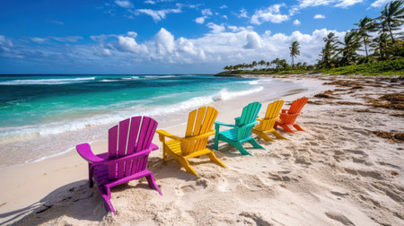 Colorful Adirondack chairs line a serene beach, with turquoise waves gently lapping the sandy shore under a bright blue sky adorned with fluffy clouds and swaying palm trees.の素材