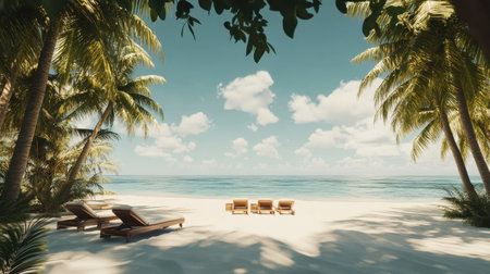 A picturesque tropical beach scene featuring lounge chairs nestled among palm trees, inviting relaxation under a clear blue sky with scattered clouds, perfect for vacation imagery.の素材