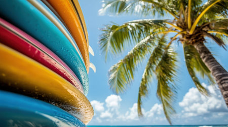 A vibrant collection of surfboards stands against a backdrop of a palm tree and bright blue sky, symbolizing relaxation and adventure in an idyllic beach setting.の素材