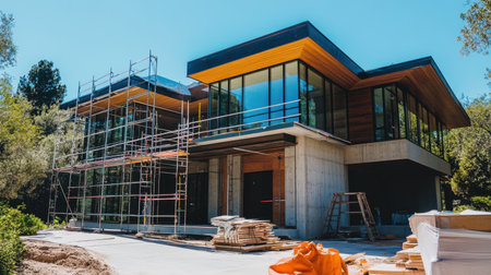 A striking modern home is taking shape with scaffolding and building materials, nestled in a beautiful landscape, reflecting a new architectural trend in residential design.の素材