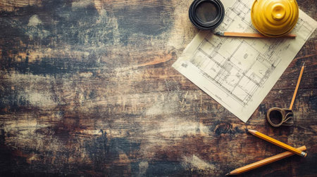 A rustic wooden table displays architectural plans, pencils, and a coffee cup, creating an inspiring environment for design, drafting, and creative projects.の素材