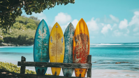 Three vibrant surfboards rest on a rustic bench, showcasing a perfect tropical beach scene with pristine water, clear skies, and lush surroundings ideal for surf enthusiasts.の素材