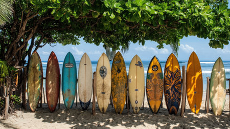 A vibrant scene featuring an assortment of colorful surfboards arranged under a leafy canopy, showcasing the spirit of summer fun and beach culture by the ocean waters.の素材