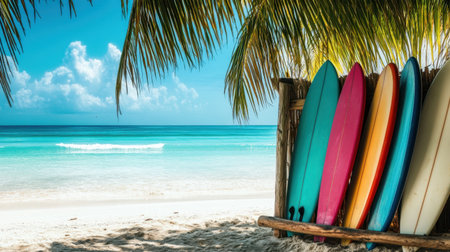 Bright and colorful surfboards lean against a wooden fence beneath palm trees, set against a picturesque beach scene featuring turquoise waters and white sand for ultimate relaxation and adventure.の素材
