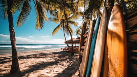Enjoy a picturesque tropical beach scene featuring vibrant surfboards and swaying palm trees, perfect for a vacation or outdoor adventure in paradise.の素材