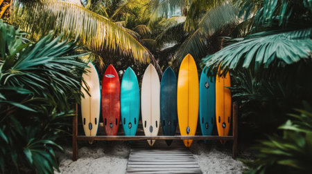 A vivid display of surfboards surrounded by lush tropical plants, evoking a sense of adventure and relaxation, perfect for summer escape and beach-themed projects.の素材