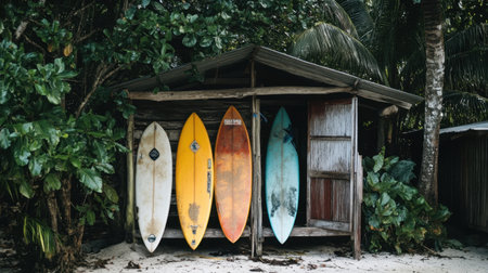 This image captures vibrant surfboards standing against a weathered shack, embraced by lush tropical foliage, embodying a serene beach atmosphere perfect for summer adventures.の素材