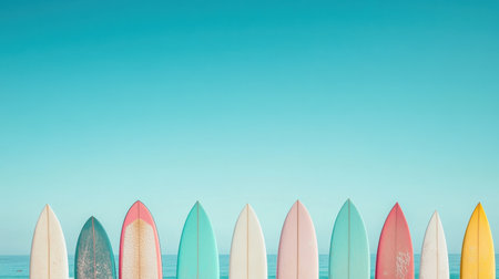 Vibrant surfboards stand tall against a clear blue sky and serene ocean backdrop, evoking feelings of summer, adventure, and relaxation at the beach.の素材