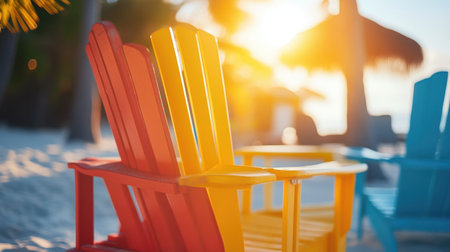 A stunning scene featuring brightly colored Adirondack chairs on a serene beach, perfectly capturing the essence of a relaxing tropical sunset experience.の素材