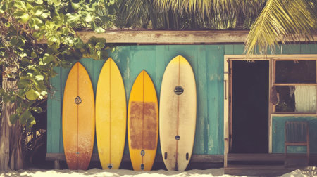 Discover a stunning tropical scene featuring vibrant surfboards by a charming beach shack, surrounded by lush greenery, inviting surfers and beach lovers to unwind in paradise.の素材