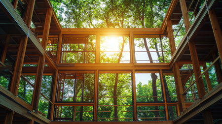 This image showcases a modern building framed by trees and large windows, capturing the beauty of nature and architecture harmoniously blending for a serene atmosphere.の素材
