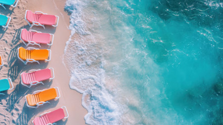 This aerial view captures colorful beach chairs lined along a sandy shore, inviting relaxation beside the sparkling turquoise waters and gentle waves.の素材