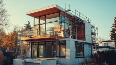 This image showcases a modern house under construction, featuring a striking glass facade and wooden accents, framed by scaffolding, highlighting contemporary design elements.の素材