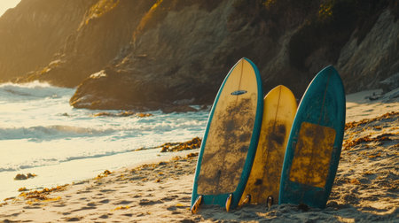 Vibrant surfboards lean against each other on a sandy beach as gentle waves roll in at sunset, capturing the peaceful essence of coastal relaxation and adventure.の素材