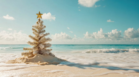 A festive Christmas tree stands on a sandy beach, surrounded by gentle ocean waves and a bright blue sky. A unique tropical holiday scene perfect for celebrations.の素材