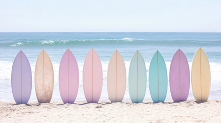 A row of pastel-colored surfboards stands on a sandy beach, capturing the essence of summertime fun and relaxation with gentle ocean waves in the background.の素材