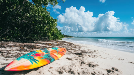 A colorful surfboard rests on the sandy shore of a tranquil beach, surrounded by lush greenery and framed by a clear blue sky and gentle ocean waves.の素材