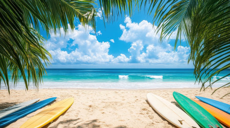 A beautiful beach scene featuring colorful surfboards on soft sand, framed by palm trees and a stunning blue sky. An ideal setting for relaxation and adventure.の素材