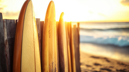 Capture the serene beauty of surfboards lined up against a wooden fence at sunset, framing a picturesque beach scene with gentle waves and warm light.の素材