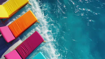 Brightly colored loungers line a beautiful poolside, showcasing vibrant hues against the clear blue water, ideal for summer relaxation and holiday vibes.の素材