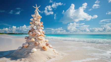 A stunning sandy Christmas tree crafted from seashells enhances the beauty of a tropical beach, with calm waves gently lapping the shoreline and a brilliant blue sky above.の素材