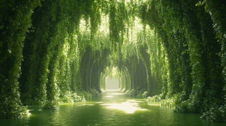 Discover a serene green tunnel adorned with cascading leaves and gentle sunlight, reflecting perfectly on tranquil water, inviting peace and tranquility in a hidden forest sanctuary.の素材